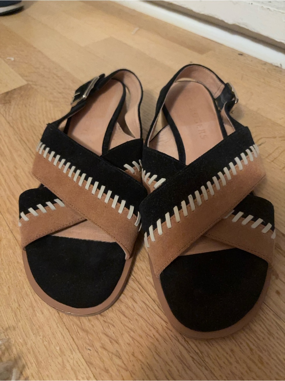 Jack Rogers Black and Tan Crisscross Whipstitch Sandals